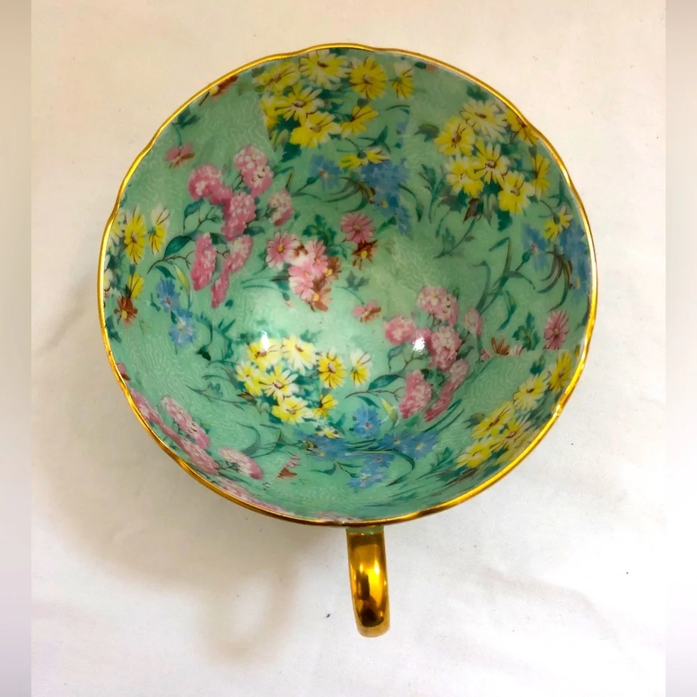 Shelley Chintz Melody Fine Bone China Green Tea Cup Saucer Gold Edge England - Picture 8 of 12